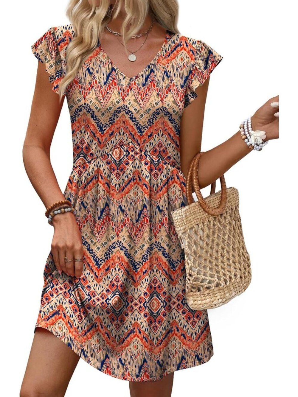 Women Bohemia Orange Ruffle Sleeve Baby Doll V Neck Imported Causal Dress